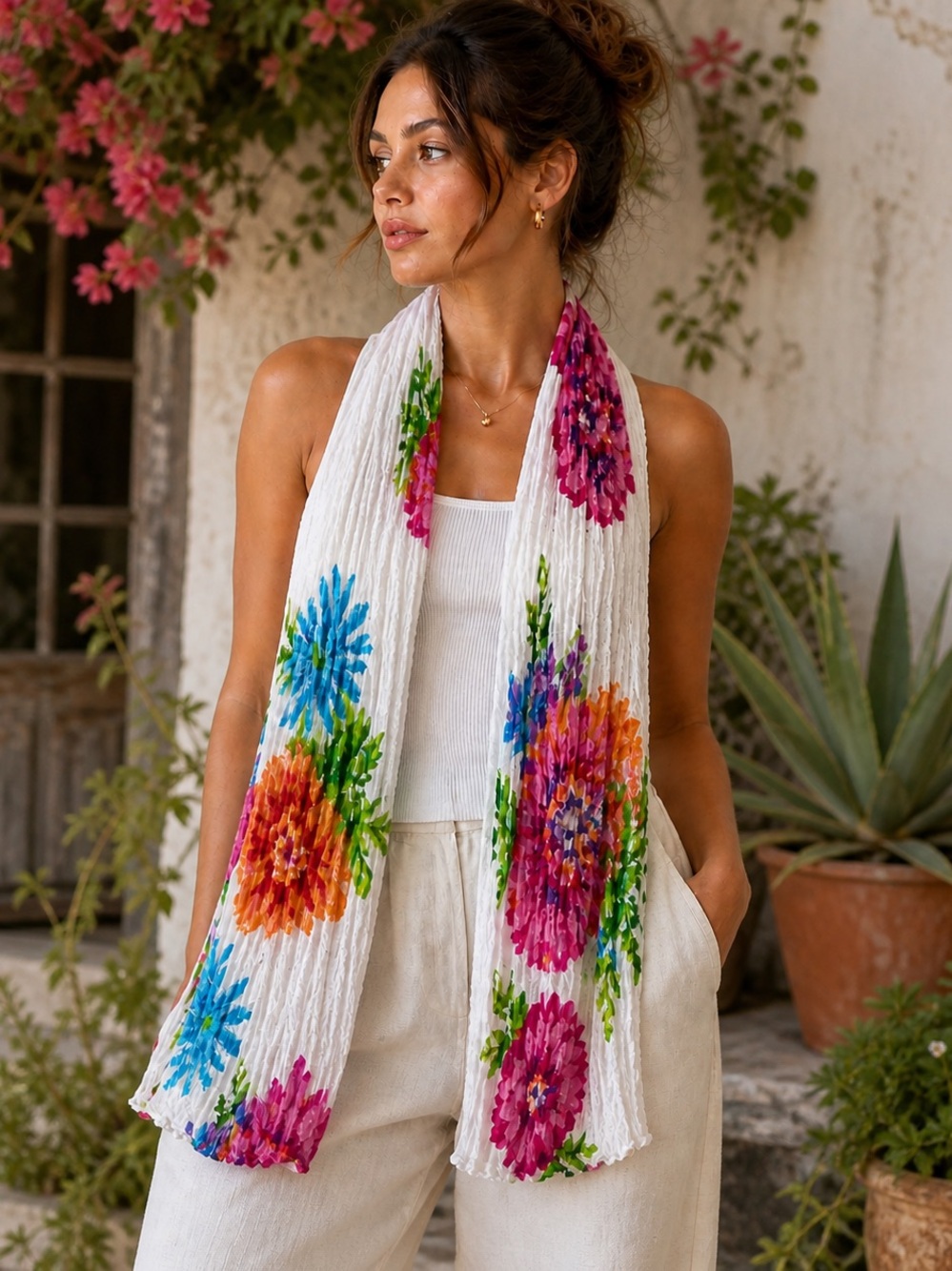 Boutique Floral Crinkle Cotton Scarf 20x70 Free People Anthro Boho